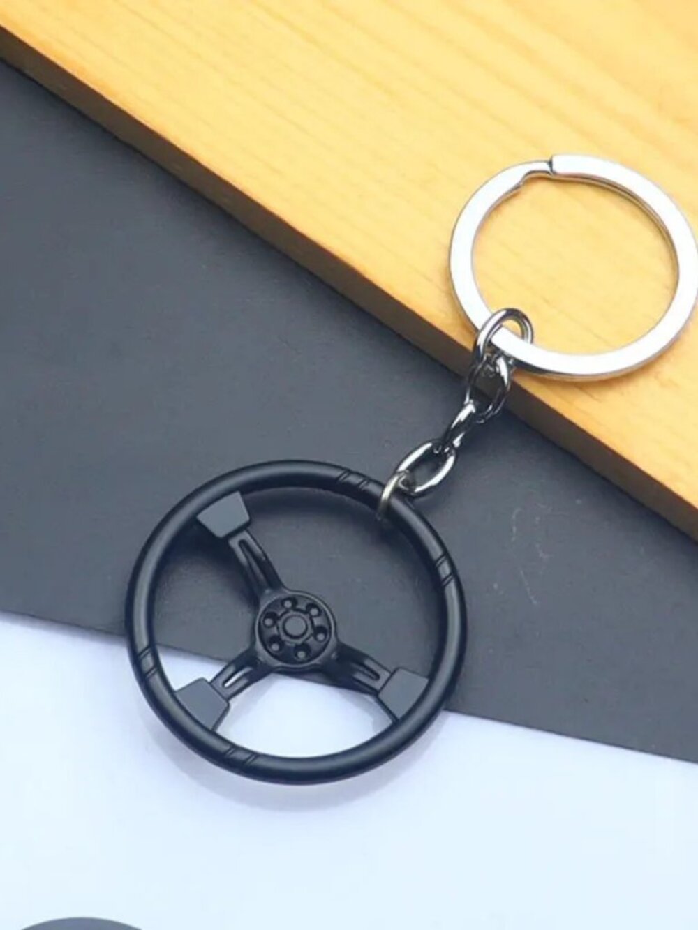 Black 3 Spoke Racing Steering Wheel Keychain Drift Car Key Ring Enthusiast Gift